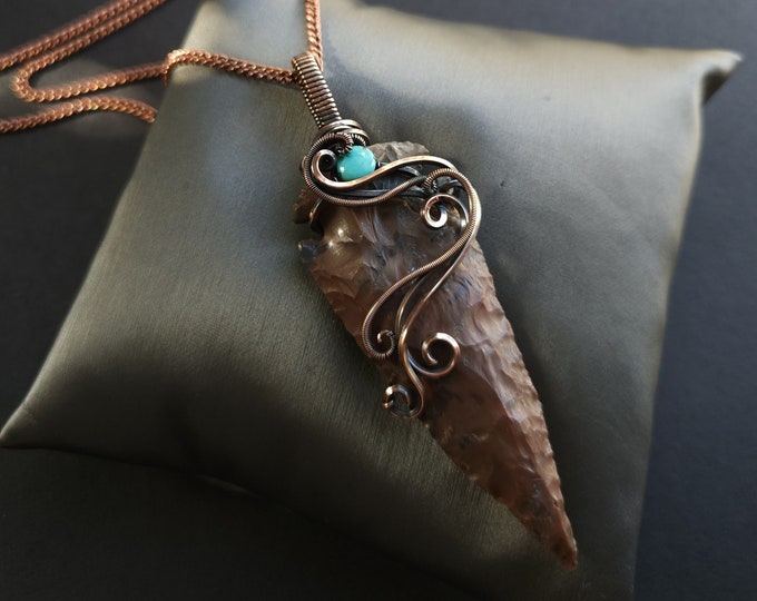 Jasper Arrowhead Necklace, Turquoise Accent Gemstone, Wire Wrap Copper Jewelry, Gemstone Pendant