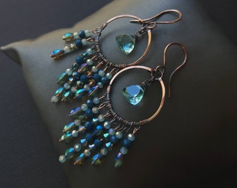 Chandelier beaded earrings, Copper wire wrapped dangle earrings, Blue quartz crystal earrings, Gemstone earrings,Bohemian wire wrap jewelry