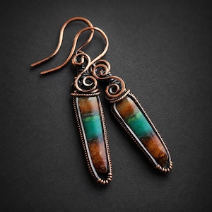 Handmade Copper Wire Wrapped Earrings, Blue Opalized Wood, Boho Style