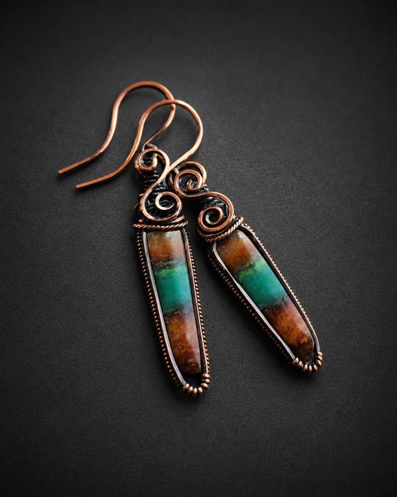 Handmade Copper Wire Wrapped Earrings, Blue Opalized Wood, Boho Style