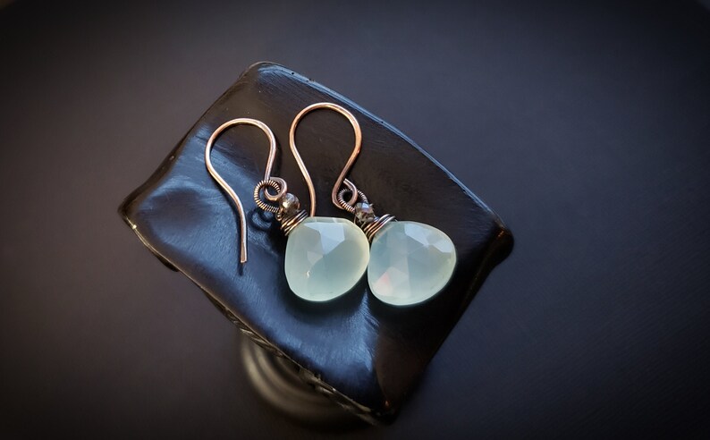 Handmade wire wrap earrings Aqua Chalcedony gemstone Copper handmade hooks Wire wrap earrings Glass accent beads Gemstone Earrings