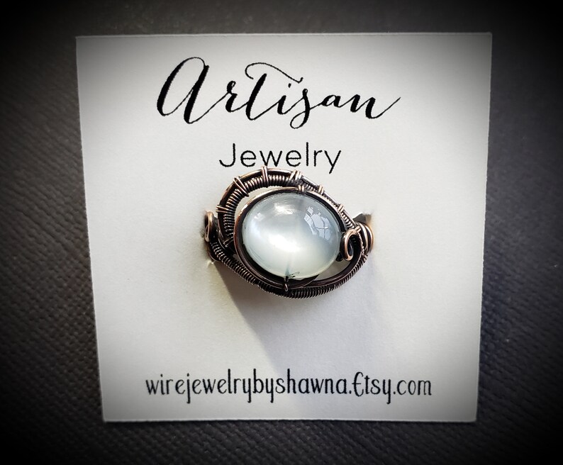 White Moonstone Ring Handmade wire woven ring Antiqued copper wire Beatiful shimmer Ornate wire woven ring Smooth oval gemstone Size 7