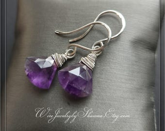 Handcrafted Amethyst gemstone earrings, Sterling silver dangle earrings, Birthstone jewelry, wire wrapped jewelry