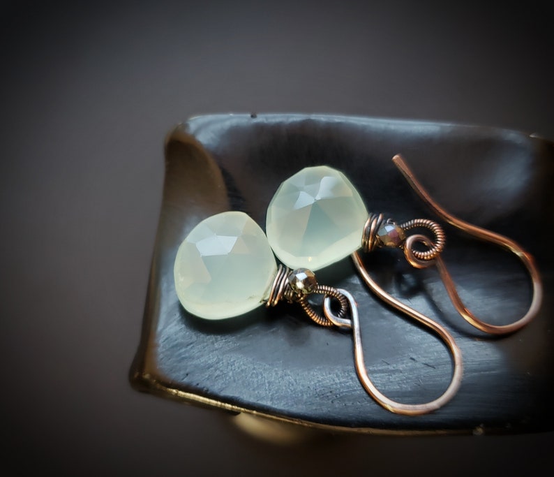 Handmade wire wrap earrings Aqua Chalcedony gemstone Copper handmade hooks Wire wrap earrings Glass accent beads Gemstone Earrings