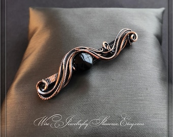 Horquilla de cobre con alambre de ónix negro, joyería de piedras preciosas con alambre envuelto