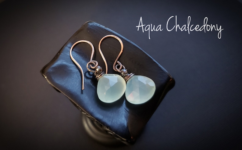 Handmade wire wrap earrings Aqua Chalcedony gemstone Copper handmade hooks Wire wrap earrings Glass accent beads Gemstone Earrings