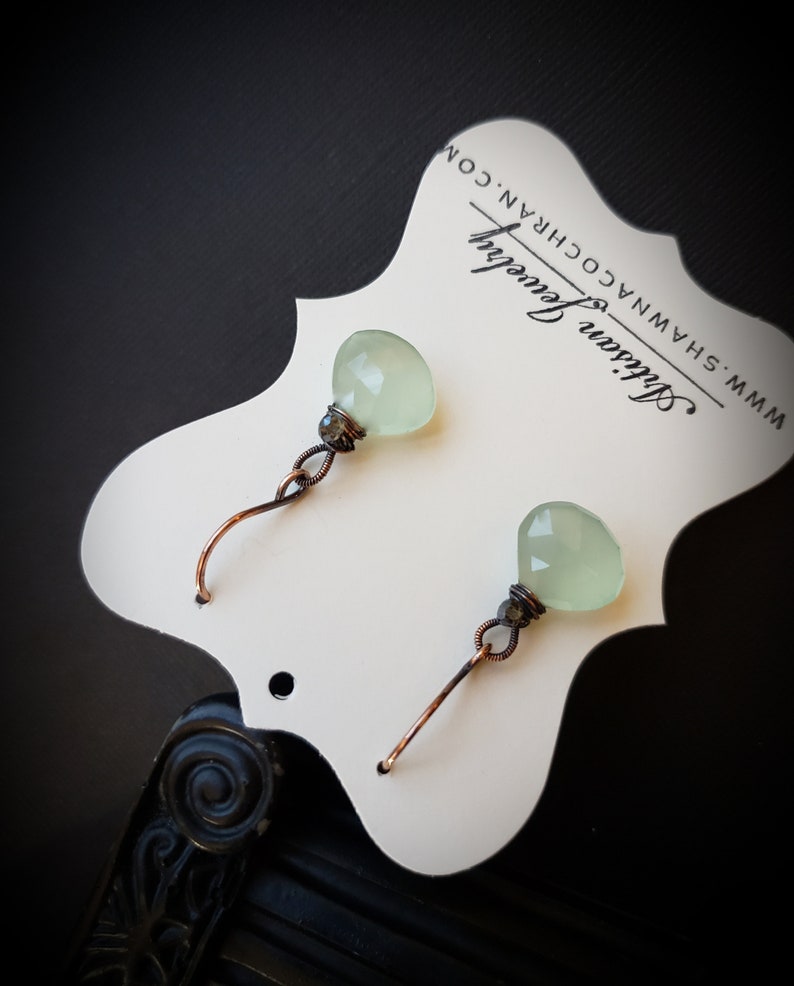 Handmade wire wrap earrings Aqua Chalcedony gemstone Copper handmade hooks Wire wrap earrings Glass accent beads Gemstone Earrings