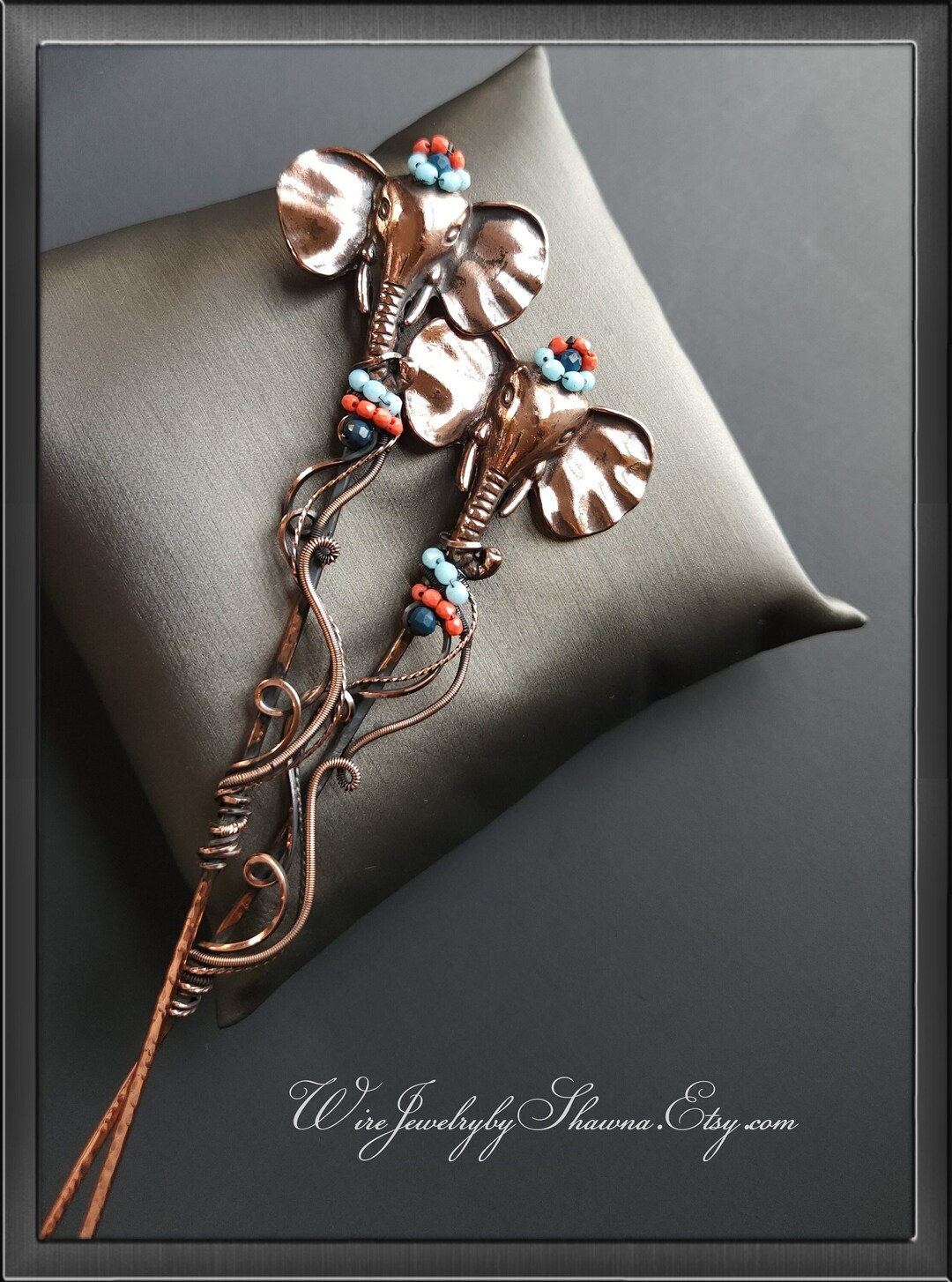 Elephant Hair Sticks, Copper Wire Hair Accessories, Elephant Charms, Glass Beads, Wire Wrap