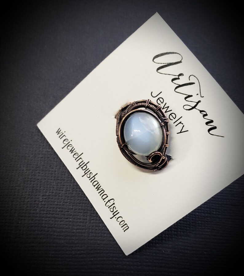 White Moonstone Ring Handmade wire woven ring Antiqued copper wire Beatiful shimmer Ornate wire woven ring Smooth oval gemstone Size 7