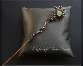 Handmade gemstone hair sticks, Copper wire wrapped jewelry, Floral hair pins, Chalcedony hair accessory