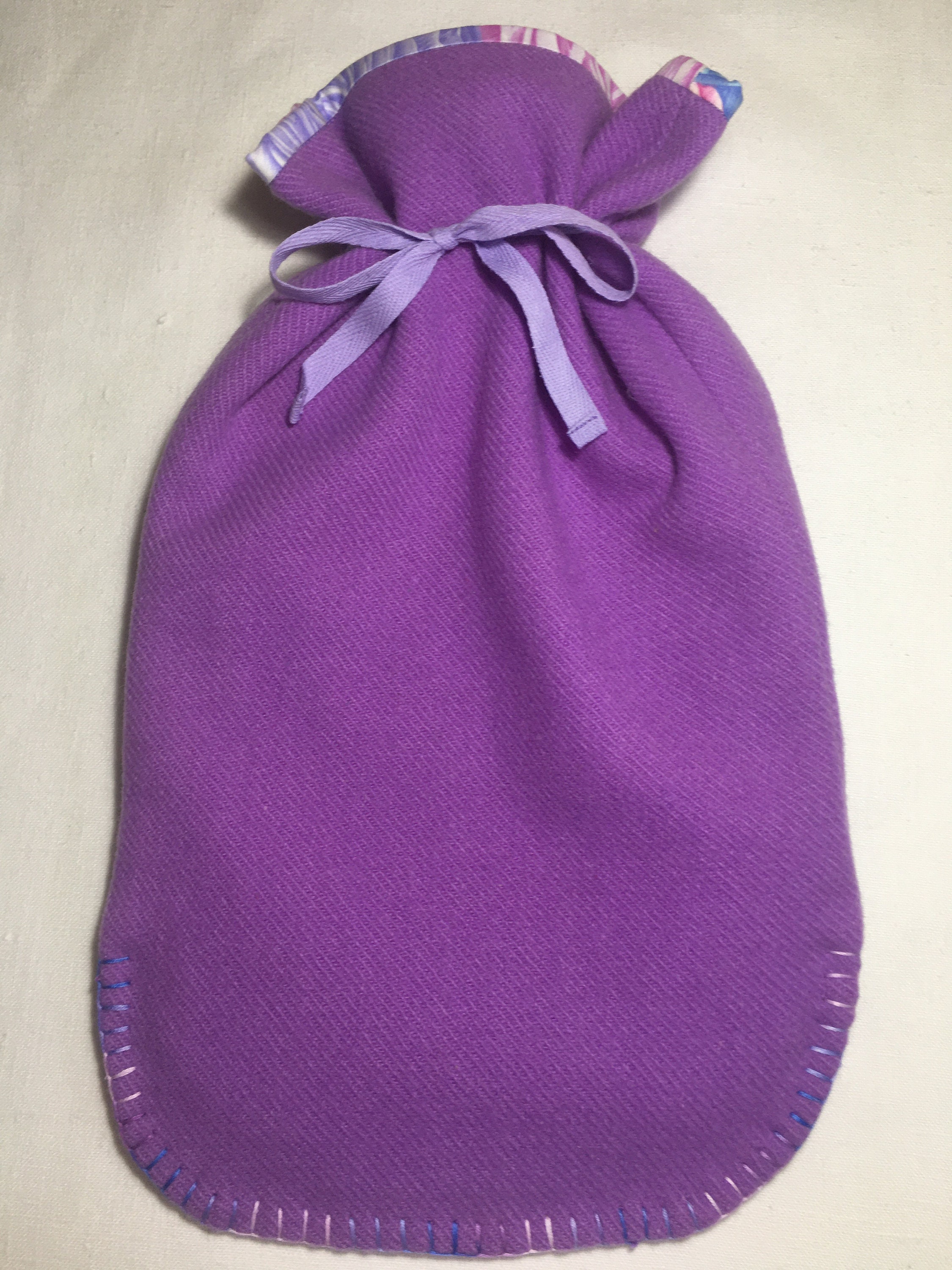 Hot Water Bottle Cover hand made from wool blanket Lavender cotton lined, purple/blue/pink