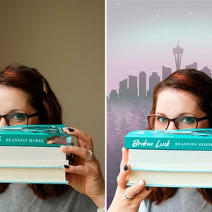 An author's professional photo editing with facial retouch, skin enhancement, colour correction and background change.