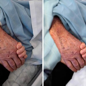 Professional photo editing this father and daughter moment by fixing the bed sheets and blanket, enhance lighting and blurred background.