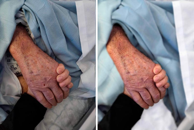 Professional photo editing this father and daughter moment by fixing the bed sheets and blanket, enhance lighting and blurred background.