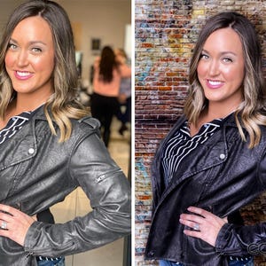 Professional photo retouching before and after portrait editing with skin smoothing, colour correction, lighting enhancement and background change.