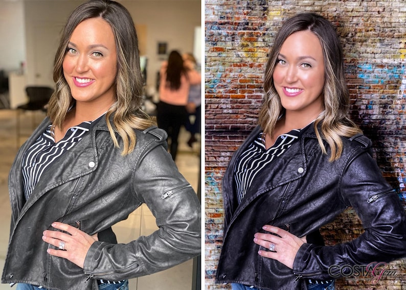 Professional photo retouching before and after portrait editing with skin smoothing, colour correction, lighting enhancement and background change.