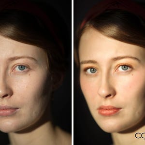 Professional portrait photo editing with facial retouch, skin enhancement, makeup application and colour correction.
