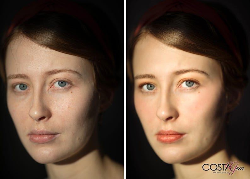 Professional portrait photo editing with facial retouch, skin enhancement, makeup application and colour correction.