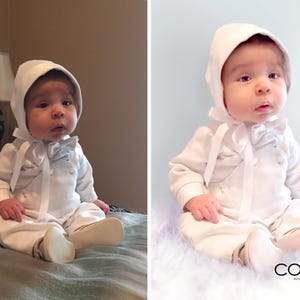 Baptismal baby photo retouching before and after portrait editing with lighting enhancement and background change.