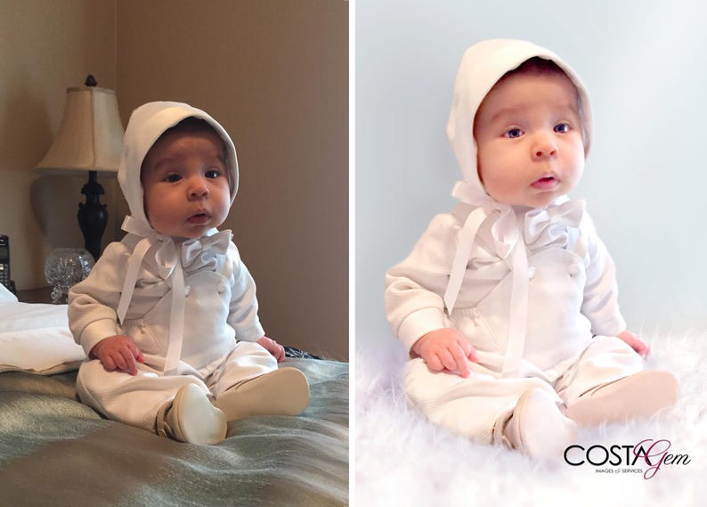 Baptismal baby photo retouching before and after portrait editing with lighting enhancement and background change.