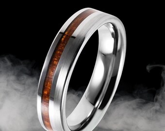 6mm Tungsten Carbide Ring, Koa Wood Inlay, Brushed Finish, Couple Ring, Wedding, Anniversary, Valentine's Day Gift, Women’s Ring.