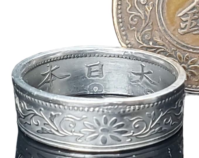 6mm Coin Ring (Bronze & Peach), Japanese Jewelry, Floral Cherry Blossom Coin Ring, Paulownia 1 Sen 1916-1938 (US Size 3-14)