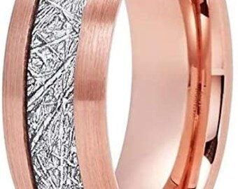 8mm Brushed Rose Gold Tungsten Wedding Band, Meteorite Tungsten Ring, Rose Gold Inner, Meteorite Pattern, Engagement Ring, USA Sizes-7-15.