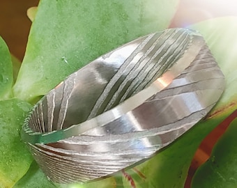 6mm or 8mm Beveled Damascus Forged Wedding Band w/ Comfort Fit | Anniversary Band, Damascus Rings, Mens Wedding Band, Ladies Engagement Ring