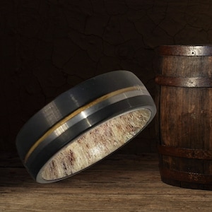 8mm Brushed Black Tungsten Carbide Band w/ Old No 7 Jack Daniels Whiskey Barrel Wood Inlay, Silver Trim & Authentic Deer Antler US Size 5-16 image 1