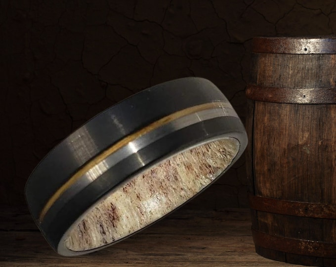 8mm Brushed Black Tungsten Carbide Band w/ Old No 7 Jack Daniels Whiskey Barrel Wood Inlay, Silver Trim & Authentic Deer Antler US Size 5-16