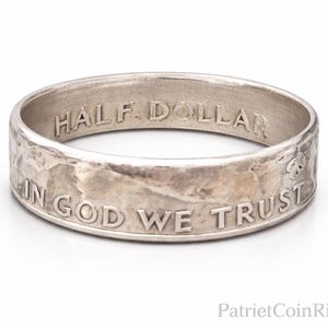 Anello con moneta da mezzo dollaro in argento Benjamin Franklin del 1948-1963 con finitura a specchio / doppia faccia / parete dritta / lati comodi