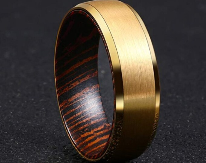 6mm Gold Brushed Tungsten Carbide With Beveled Edges and African Wenge Wood Sleeve Inside Wedding Band, Anniversary, Engagement