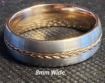 8mm Tungsten Carbide Band in Gun Metal Grey w/ Rose Gold Braided Celtic Inspired Rope Inlay & Rose Gold Inner Band - Comfort Fit - Size 7-15