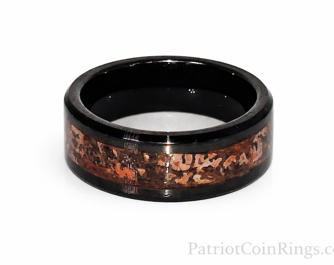 REAL T-Rex DINOSAUR Bone Ring!  Red Cell Agatized Fossil Bone | 8mm Beveled Black Ceramic Ring | Wedding Ring | Jurassic Park | US Size 3-18