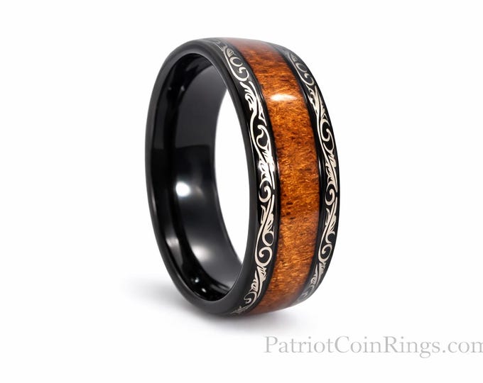 8mm Koa wood and Black Tungsten Carbide Ring w/ Wood Dome Inlay & Inner Wedding Band Comfort Fit