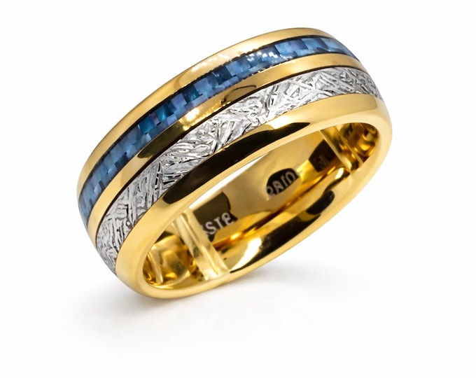 8mm 24K Gold Plated Tungsten Meteorite Dome Style & Sapphire Blue Carbon Fiber Inlay | engagement, anniversary, wedding rings