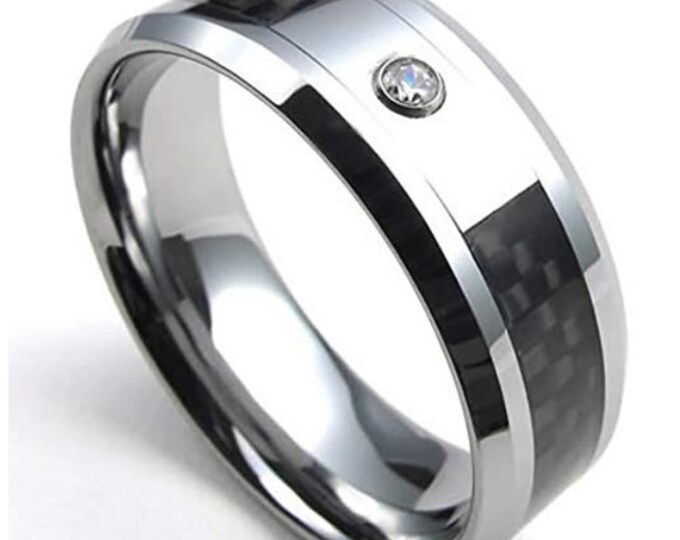 8mm Silver Tungsten Carbide Ring w/ Black Carbon Fiber Inlay and Clear Cubic Zirconia CZ Diamond (Band Sizes 6-16)