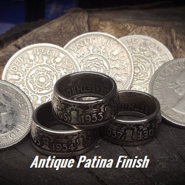 RARE 1953-1967 Two Shillings Coin Rings. Thistles, Rose, Leeks & Clover. Queen Elizabeth II Saint Patrick's Day, Irish, Scottish