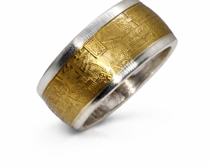 1oz 13mm Aztec Calendar 9999 Solid Silver Coin Ring (Tonatiuh Sun Stone ~ Emperor Cuauhtémoc) Silver Mayan hand forged coin rings Size 4-24