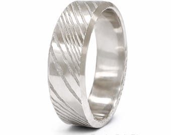 6mm or 8mm Beveled Damascus Forged Wedding Band w/ Comfort Fit | Anniversary Band, Damascus Rings, Mens Wedding Band, Ladies Engagement Ring