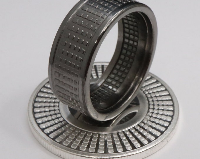 Geometric Radial Coin Ring, Gun Metal Black Ruthenium Handforged from a Solid Silver Radial Bullion Round Coin (US Sizes 5-23)