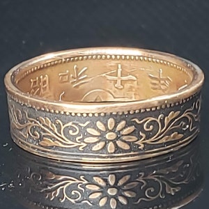 6mm Coin Ring (Bronze & Charcoal Black), Japanese Jewelry, Floral Cherry Blossom Coin Ring, Paulownia 1 Sen 1916-1938 (US Size 3-14)