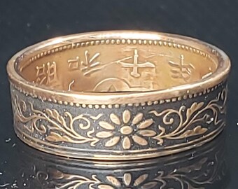 6mm Coin Ring (Bronze & Charcoal Matte Black) Japan paulownia 1 sen 1916~1938 random (US Sizes 3-16) ladies coin ring, women japanese floral