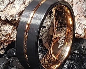 REG 299.99 - Rose Gold / Black 8mm Tungsten Carbide Ring Groove Beveled Edge Comfort Fit (Men's Wedding Ring, Engagement Band, Anniversary)
