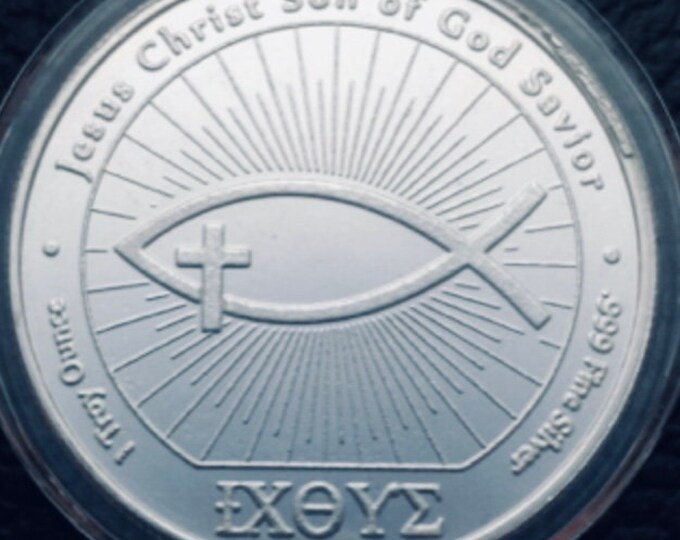 John 3:16 IXOYE Christian Fish Coin, Rare 1 Troy Ounce Pure Silver coin! (Jesus - God - Lord - Church), Metal Plating Options Available.