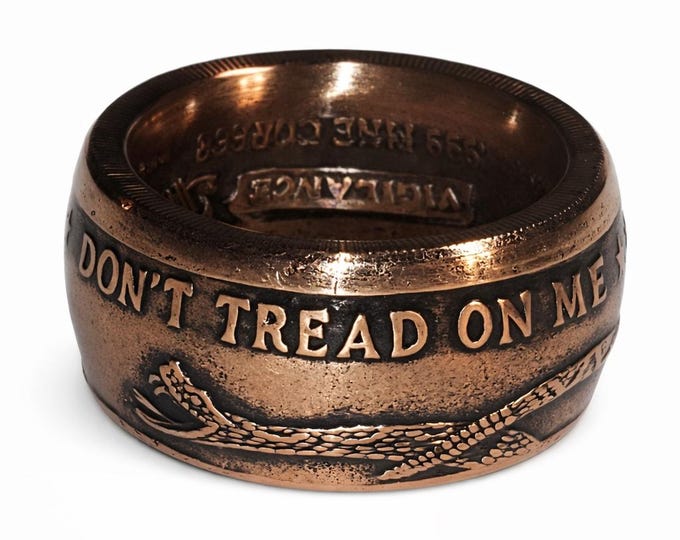 1754 The Price Of Liberty; Don't Tread On Me - Dome Shape (fat tire) Copper Coin Ring (wedding band, engagement ring, jewelry, necklace ring