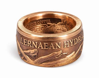 Lernaean Hydra Snakes! 2nd of the 12 Labors of Hercules - 1oz .999 BU copper round (Pictured Here in real 24K Gold Plating) COIN RING