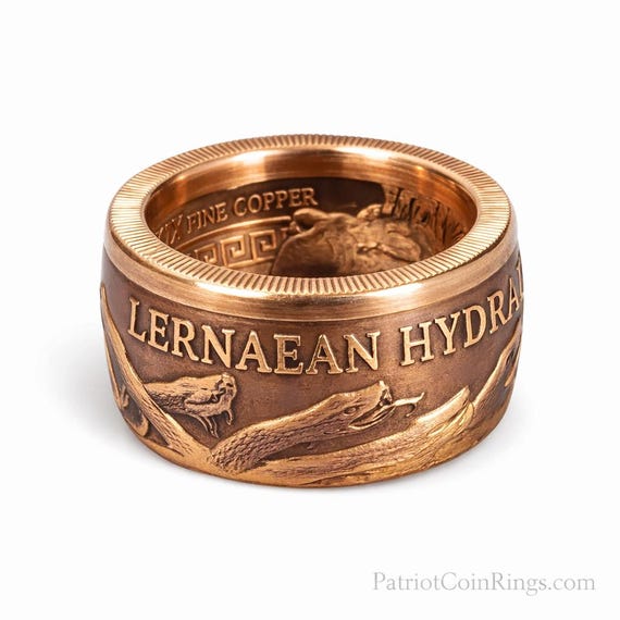 Lernaean Hydra Snakes! 2nd of the 12 Labors of Hercules - 1oz .999 BU copper round (Pictured Here in real 24K Gold Plating) COIN RING