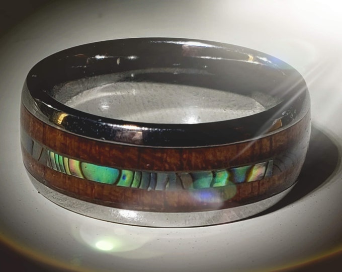 8mm Silver Tungsten Carbide Ring Koa Wood Abalone Inlay Dome Wedding Band | Anniversary, Wedding, Engagement, Man, Woman