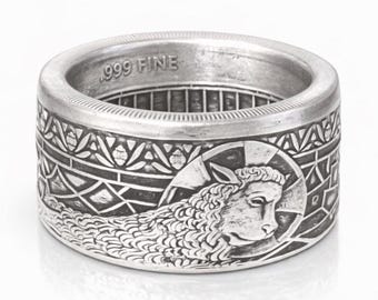 LIMITED EDITION:  "Lamb of God" Christian Coin Ring .999 Pure Silver Coin Ring (Shown in Antique Patina) Anniversary Ring, Catholic Rings